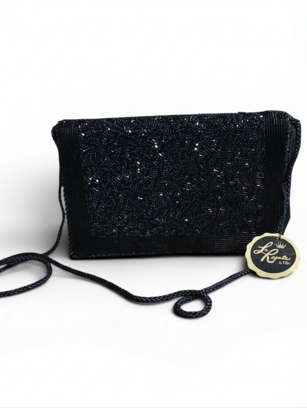 Vintage La Regale Black Beaded Satin Evening Bag Shoulder Clutch NWT